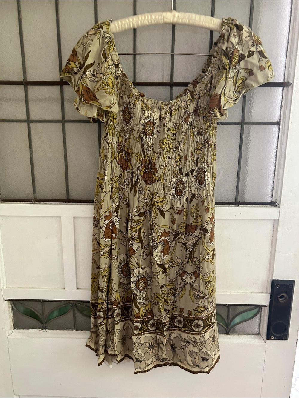 Jen’s Pirate Booty Floral Smocked Off-Shoulder Dress in Beige and Brown